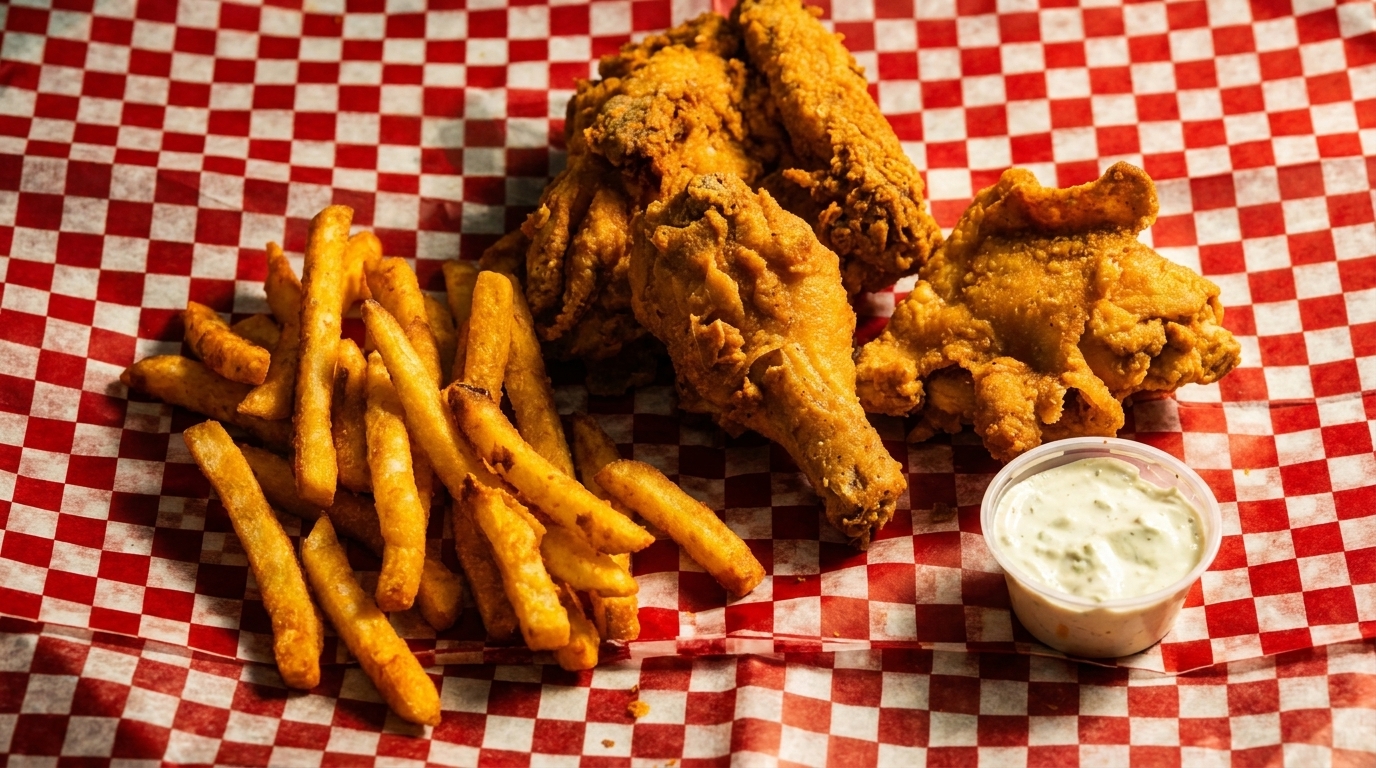 Crispy fried chicken pieces and golden french fries with a side of dipping sauce on red and white checkered paper.