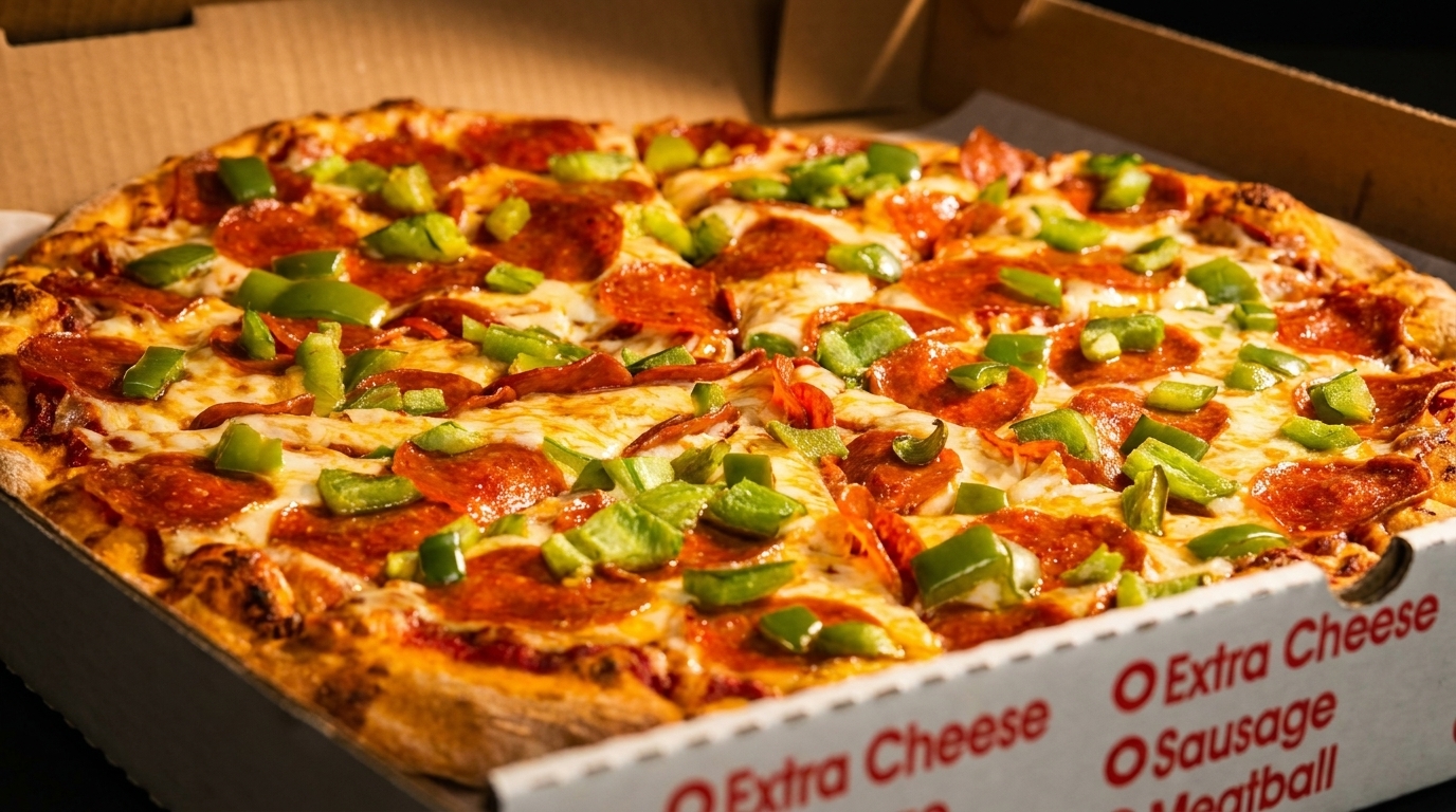 A pepperoni and green pepper pizza in a cardboard delivery box, with text "Extra Cheese" visible.