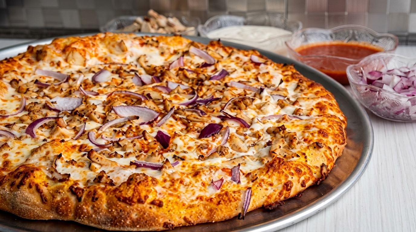 Chicken and red onion pizza on a metal tray with dipping sauces and chopped onions in the background.