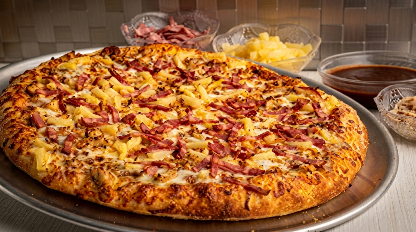 A large Hawaiian pizza with pineapple and ham on a metal tray, with ingredients in bowls.