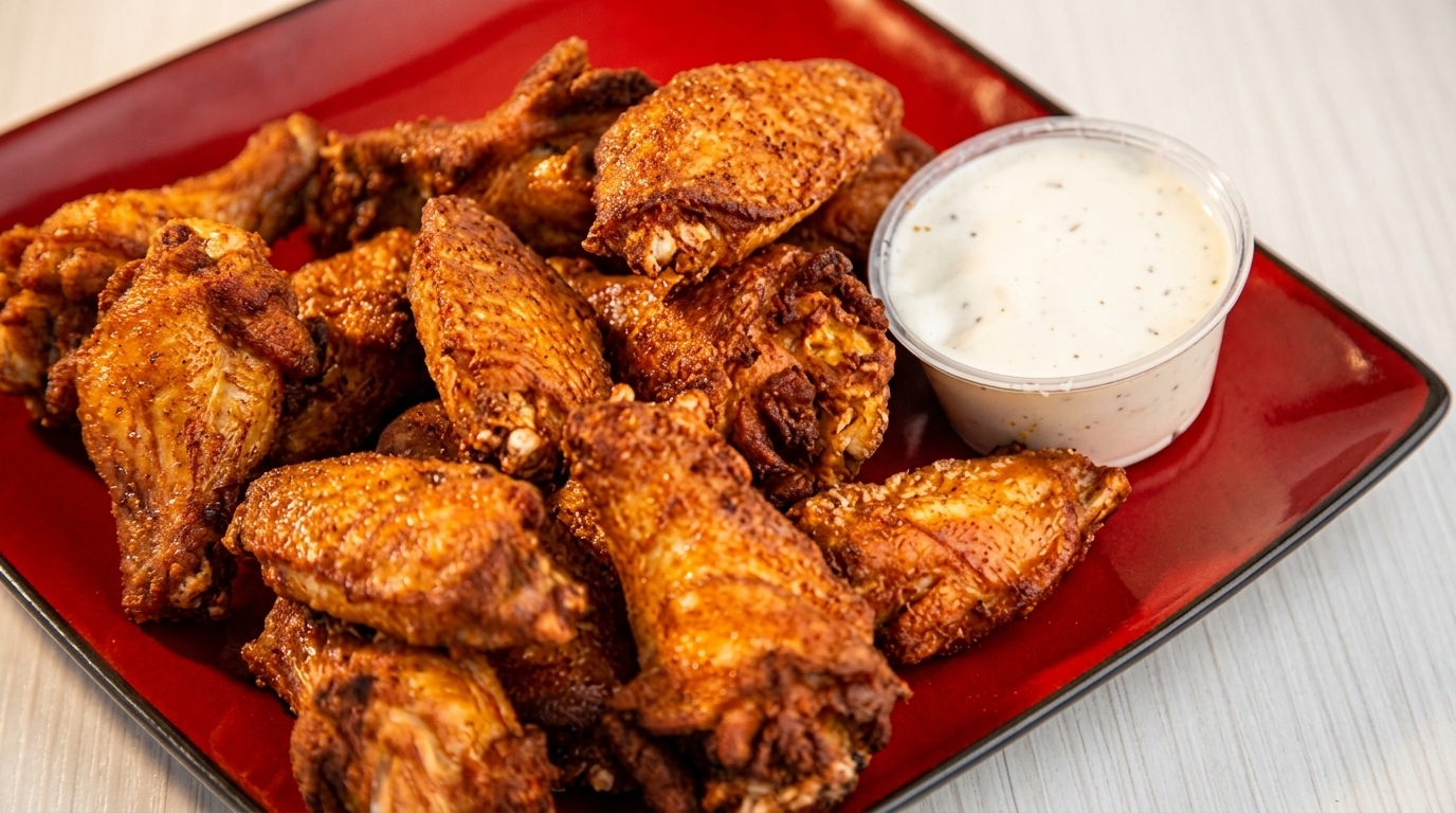 Crispy, seasoned chicken wings on a red plate with a side of ranch dipping sauce.