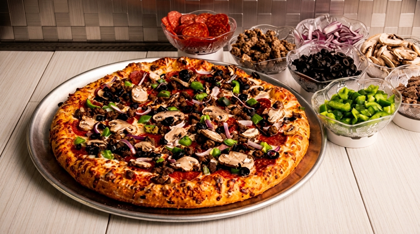 A large pizza with various toppings and bowls of ingredients on a wooden table.