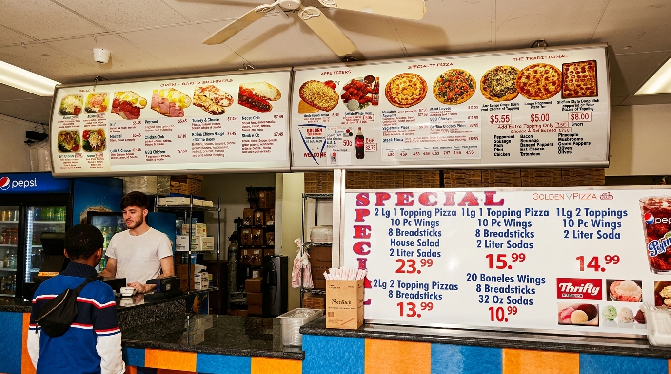 A customer orders at the counter of Golden Pizza, with menu boards displaying food and specials.
