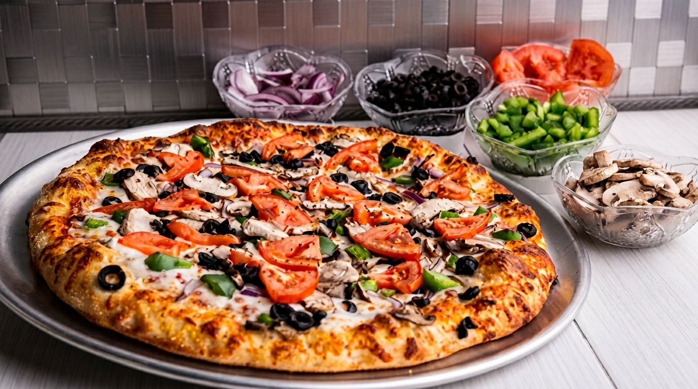 Freshly baked pizza with tomatoes, olives, mushrooms, and peppers, surrounded by bowls of ingredients.