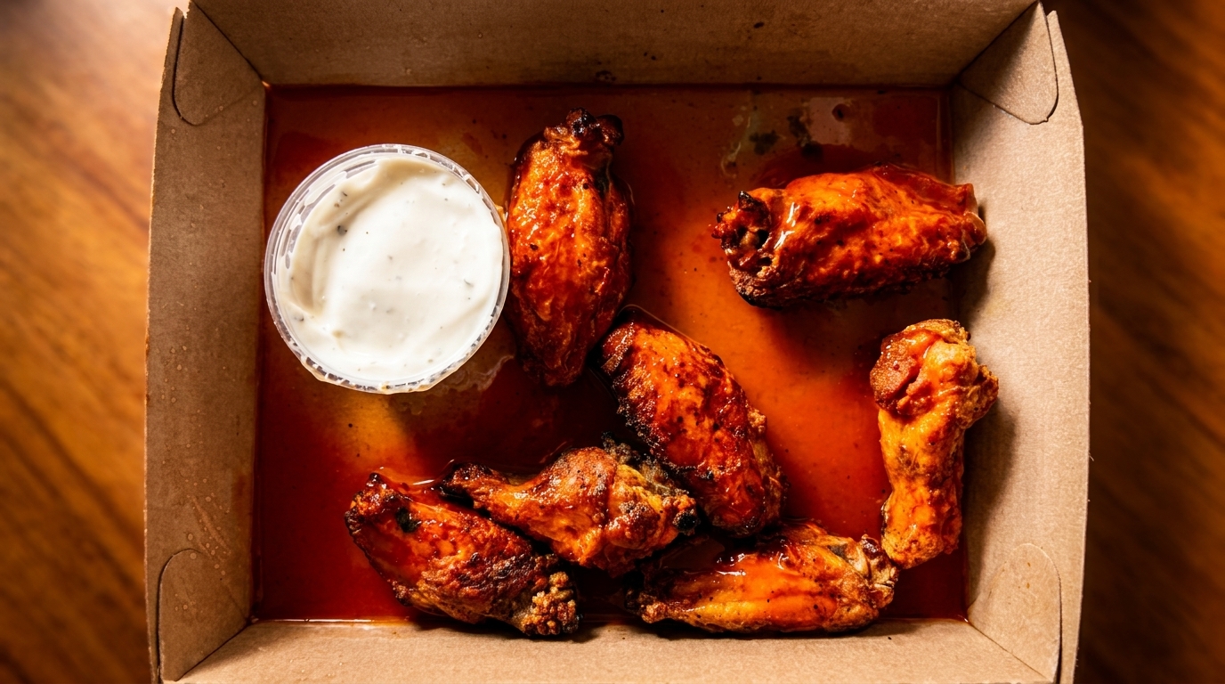 Six saucy chicken wings and a cup of ranch dressing in a cardboard takeout box.