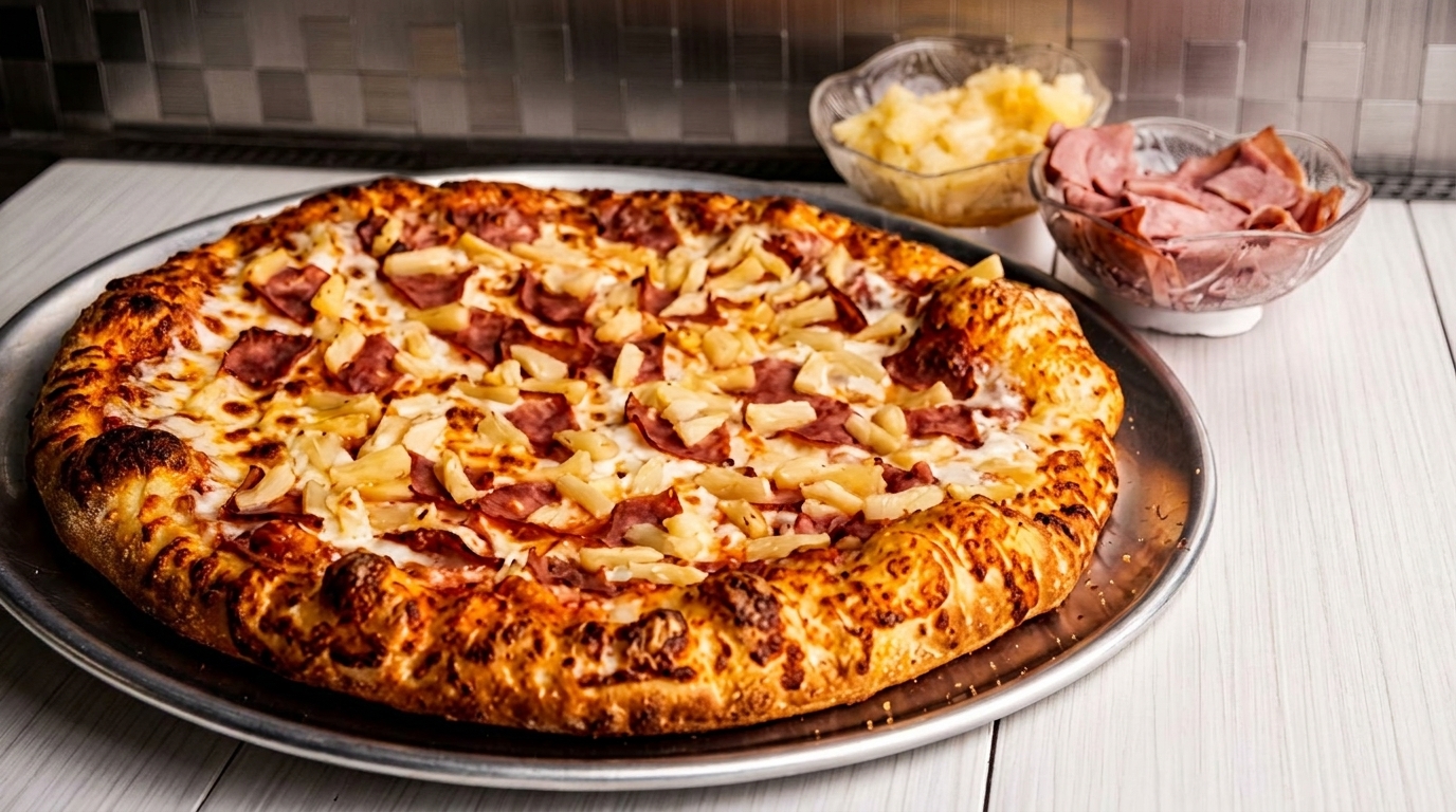 A Hawaiian pizza with ham and pineapple on a metal tray, with bowls of toppings nearby.
