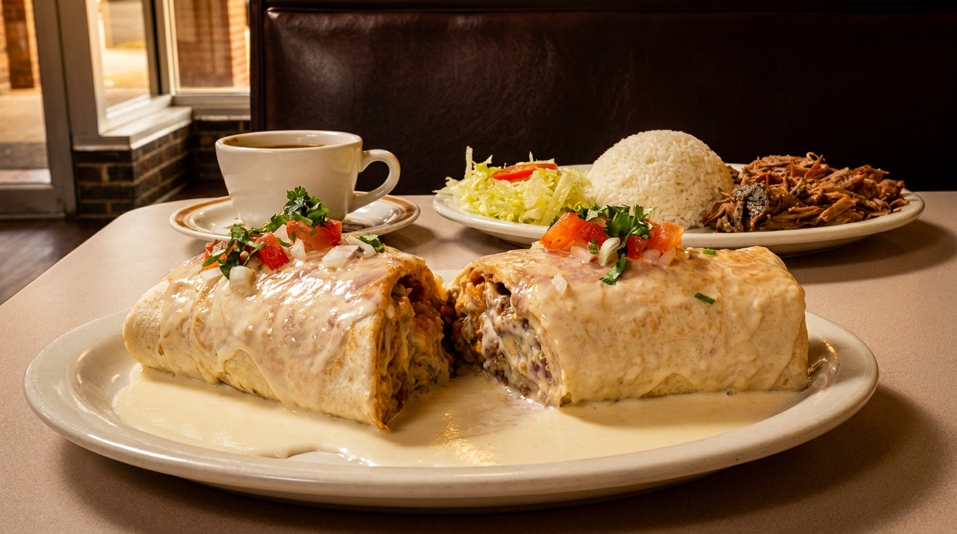 Two burritos covered in white sauce and pico de gallo, with rice, shredded meat, and salad.