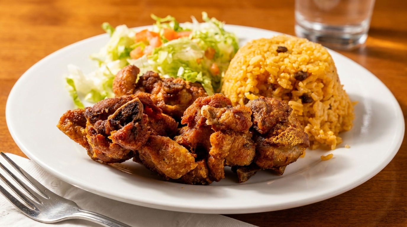 Fried pork chunks with yellow rice and a side salad on a white plate.