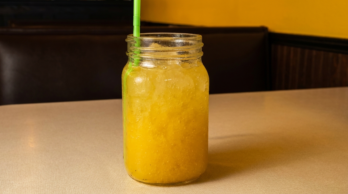 A mason jar filled with a yellow, icy drink and a green straw on a table.