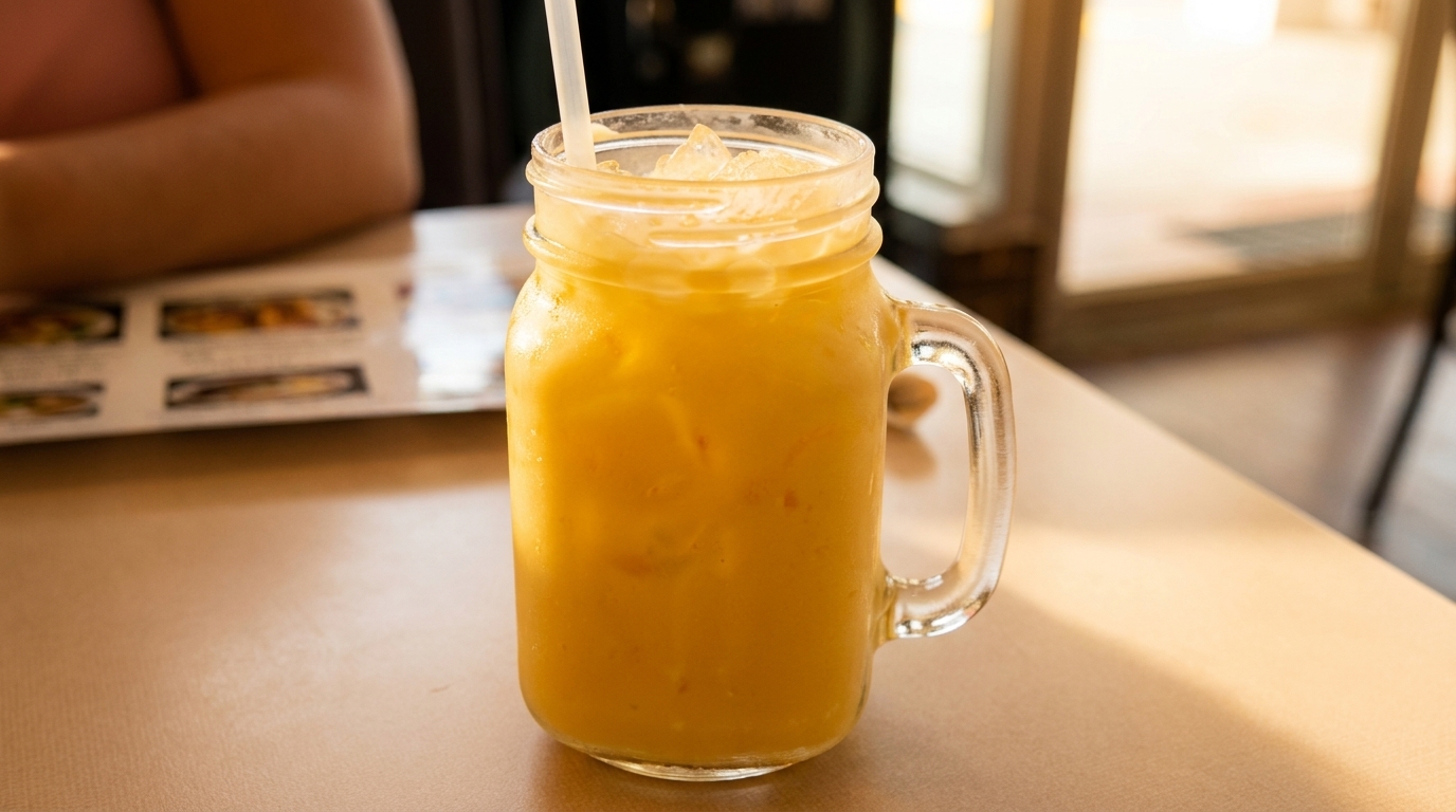 A mason jar mug filled with a vibrant orange drink and ice, with a straw, on a table.