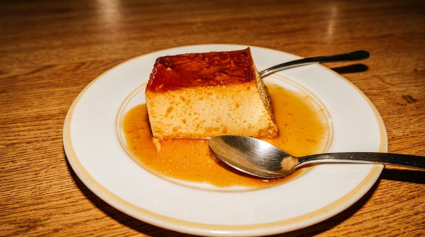 A slice of flan with caramel sauce on a white plate with a spoon on a wooden table.