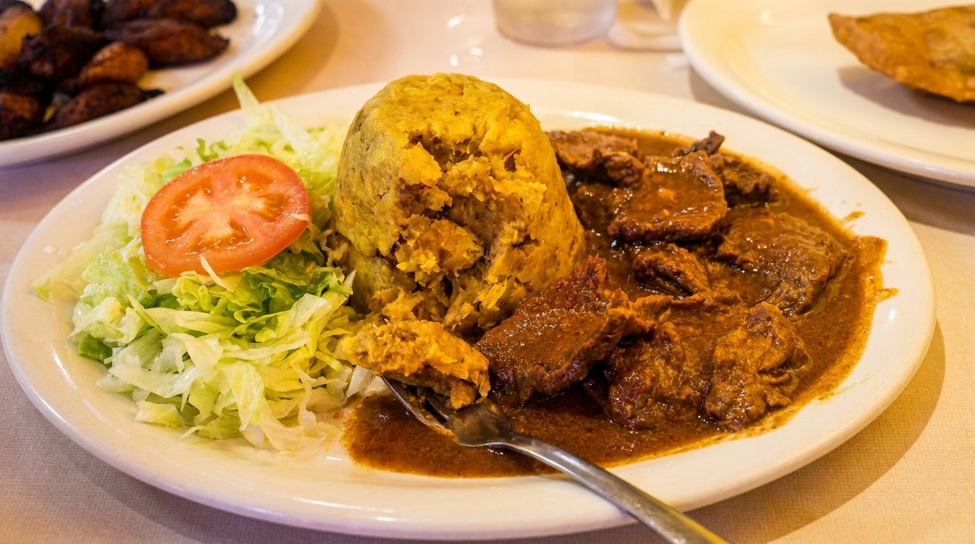 Mofongo with stewed beef, shredded lettuce, and a tomato slice on a white plate.