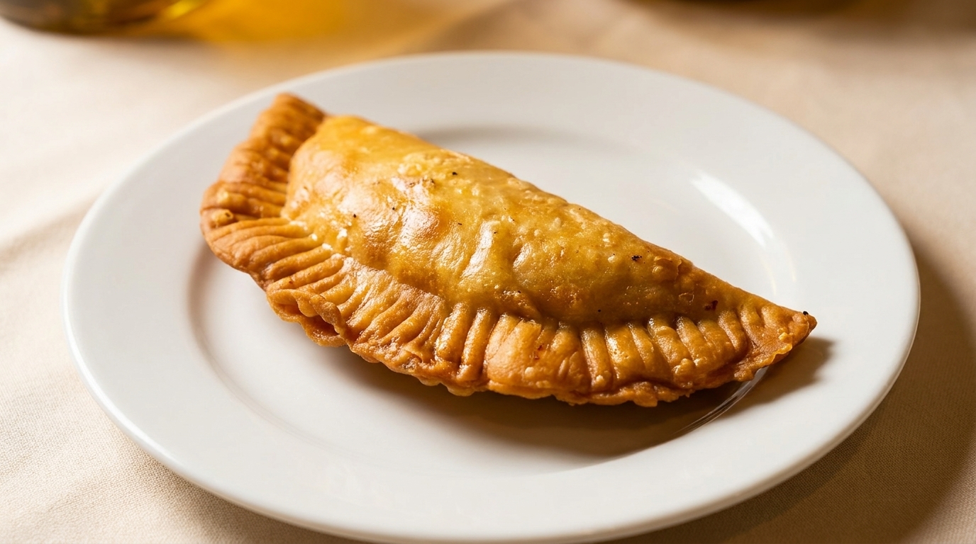 Golden-brown empanada with crimped edges on a white plate, resting on a light-colored tablecloth.