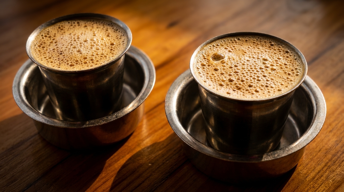 Two steel tumblers of frothy South Indian filter coffee on a wooden table.
