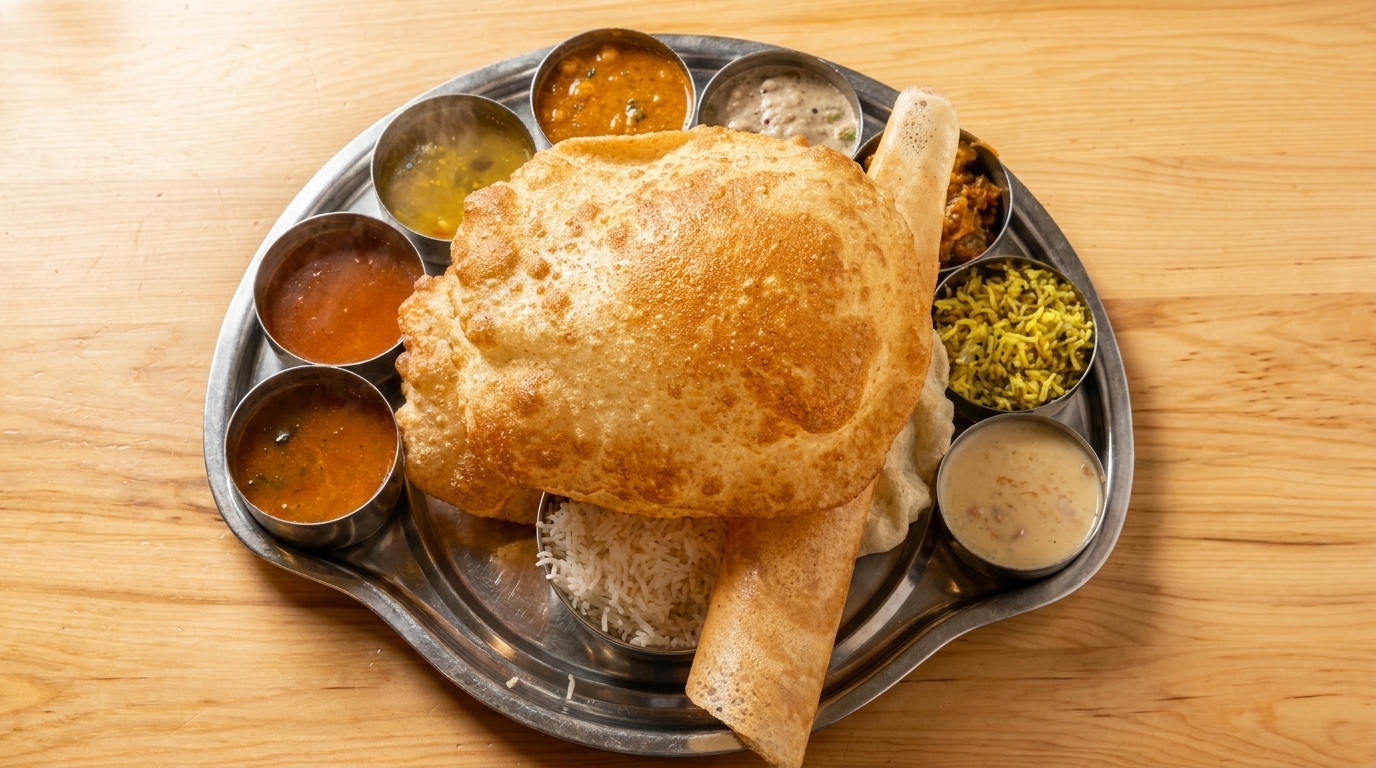 A large Indian thali platter with various dishes, including puri, dosa, rice, and curries.