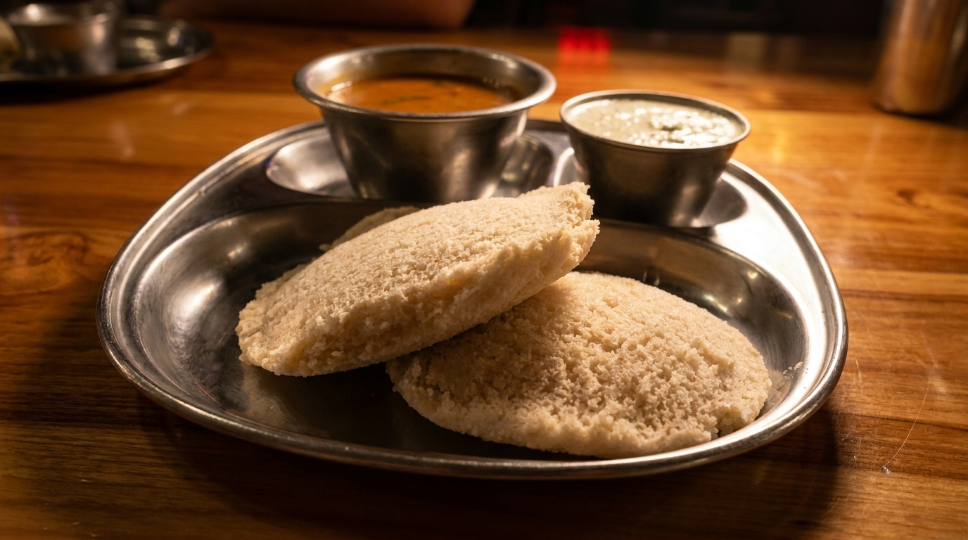 Two idlis on a metal plate with small bowls of sambar and chutney on a wooden table.