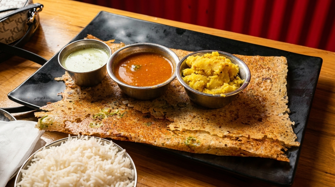 A crispy dosa with three small bowls of chutney and sambar, and a bowl of rice.