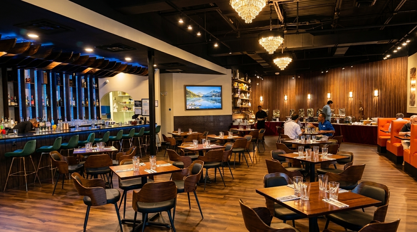 A spacious restaurant interior with a bar, dining tables, and a buffet area with patrons.