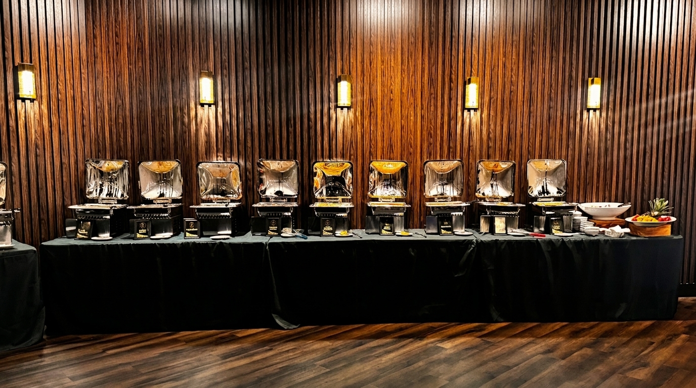 A buffet line with multiple chafing dishes and a fruit platter against a wooden wall.