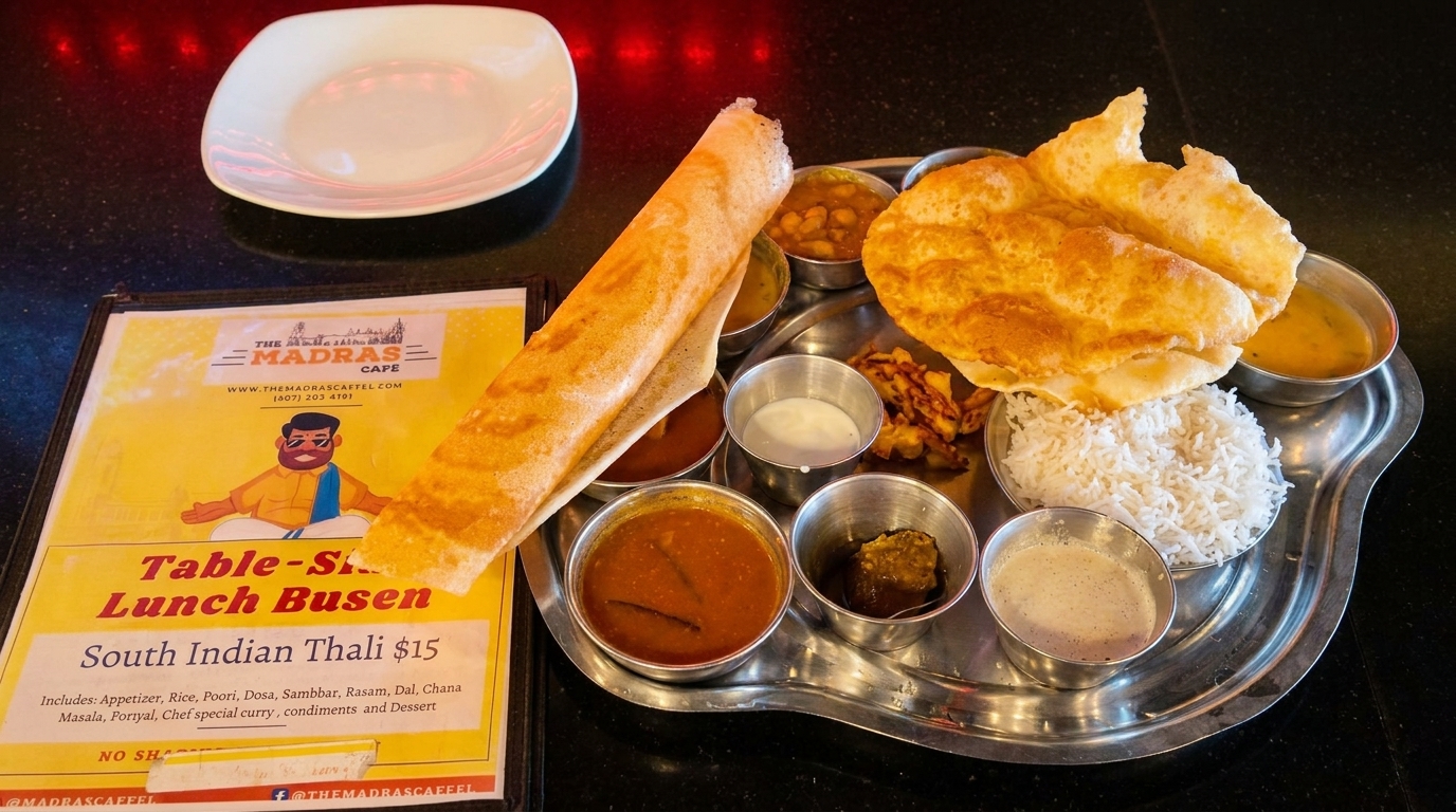 A South Indian Thali from The Madras Cafe, featuring dosa, poori, rice, and various curries.