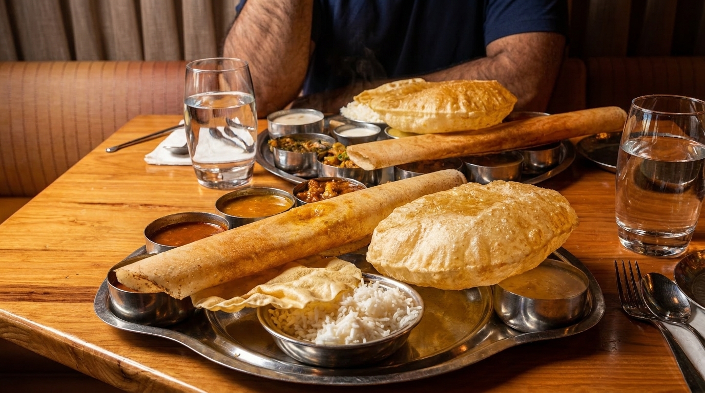 A person seated at a wooden table with two large Indian thali platters filled with various dishes.