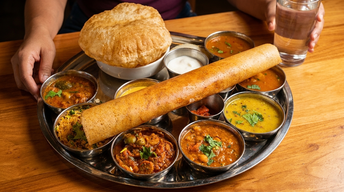 A person's hands are visible as they enjoy a large Indian thali with various dishes.