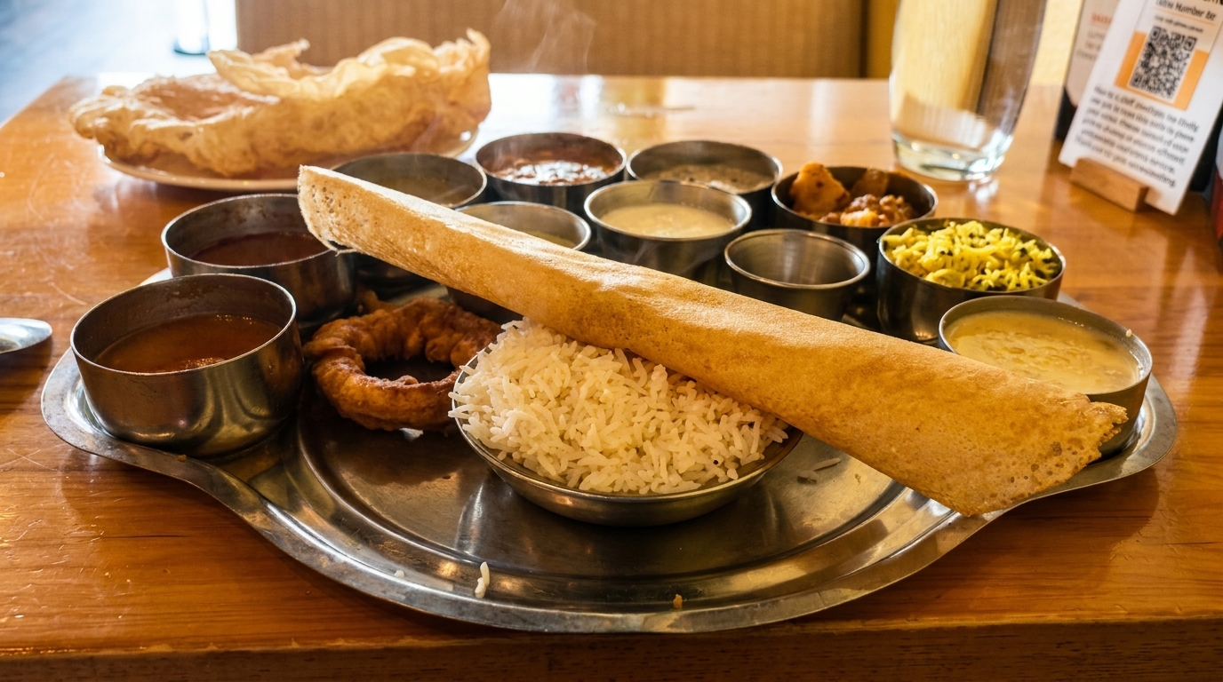 A South Indian thali meal with dosa, rice, curries, and fried snacks on a wooden table.