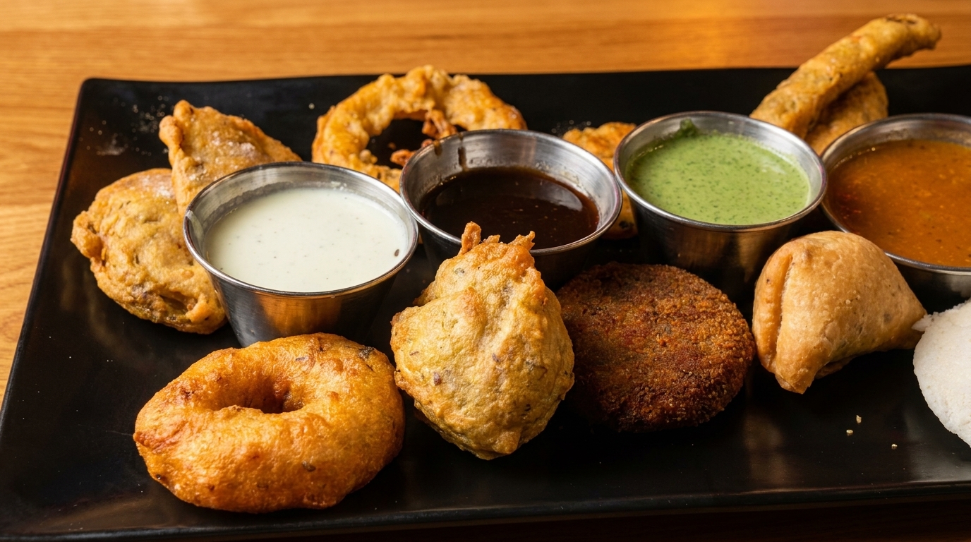A black platter with various fried Indian appetizers and three dipping sauces.
