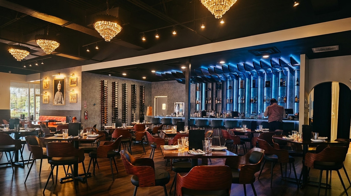Spacious restaurant interior with dining tables, a bar with blue lighting, and wine racks.