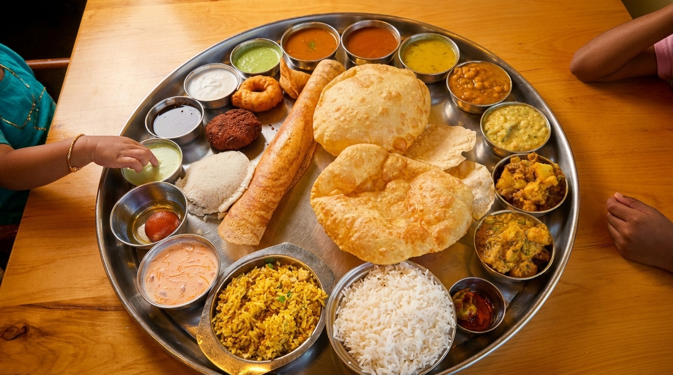 A child's hand reaches for a green sauce on a large thali platter filled with various Indian dishes.