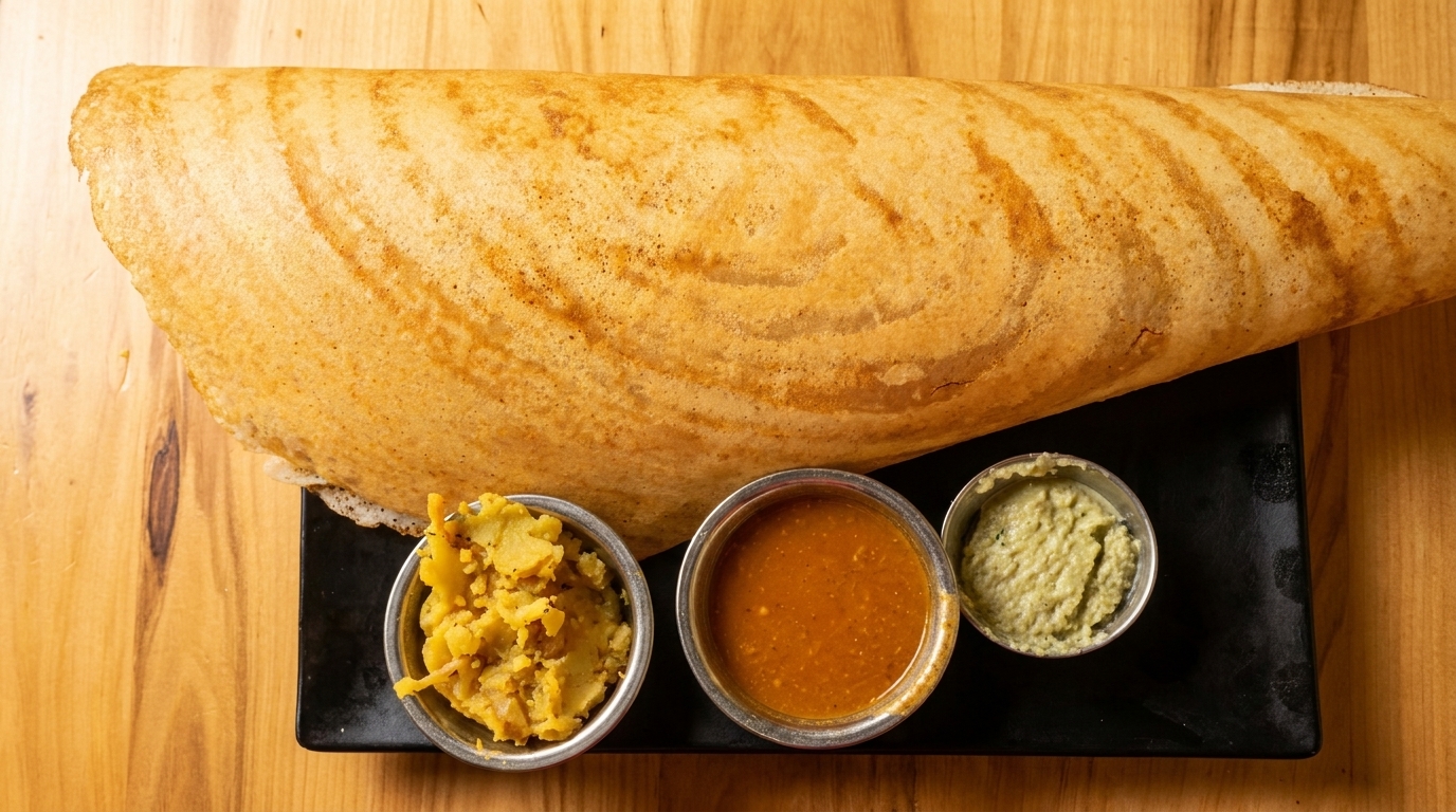A golden-brown dosa with three small bowls of chutney and potato curry on a black plate.