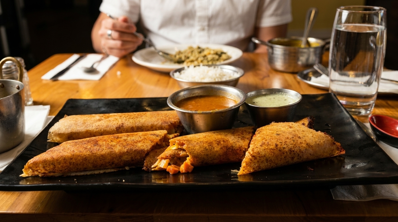 Crispy dosas with chutneys and sambar on a black plate, with a person eating in the background.