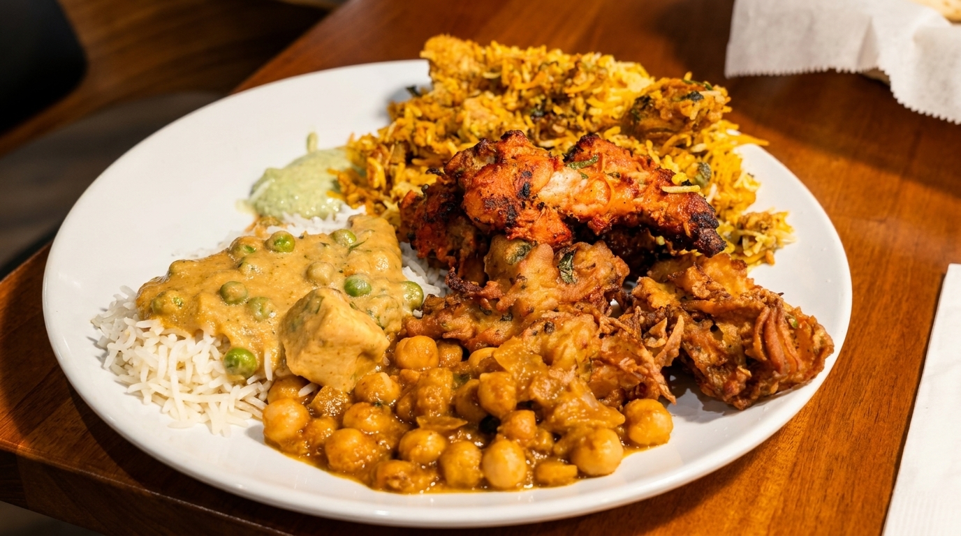 A white plate filled with various Indian dishes, including rice, curries, and fried chicken.