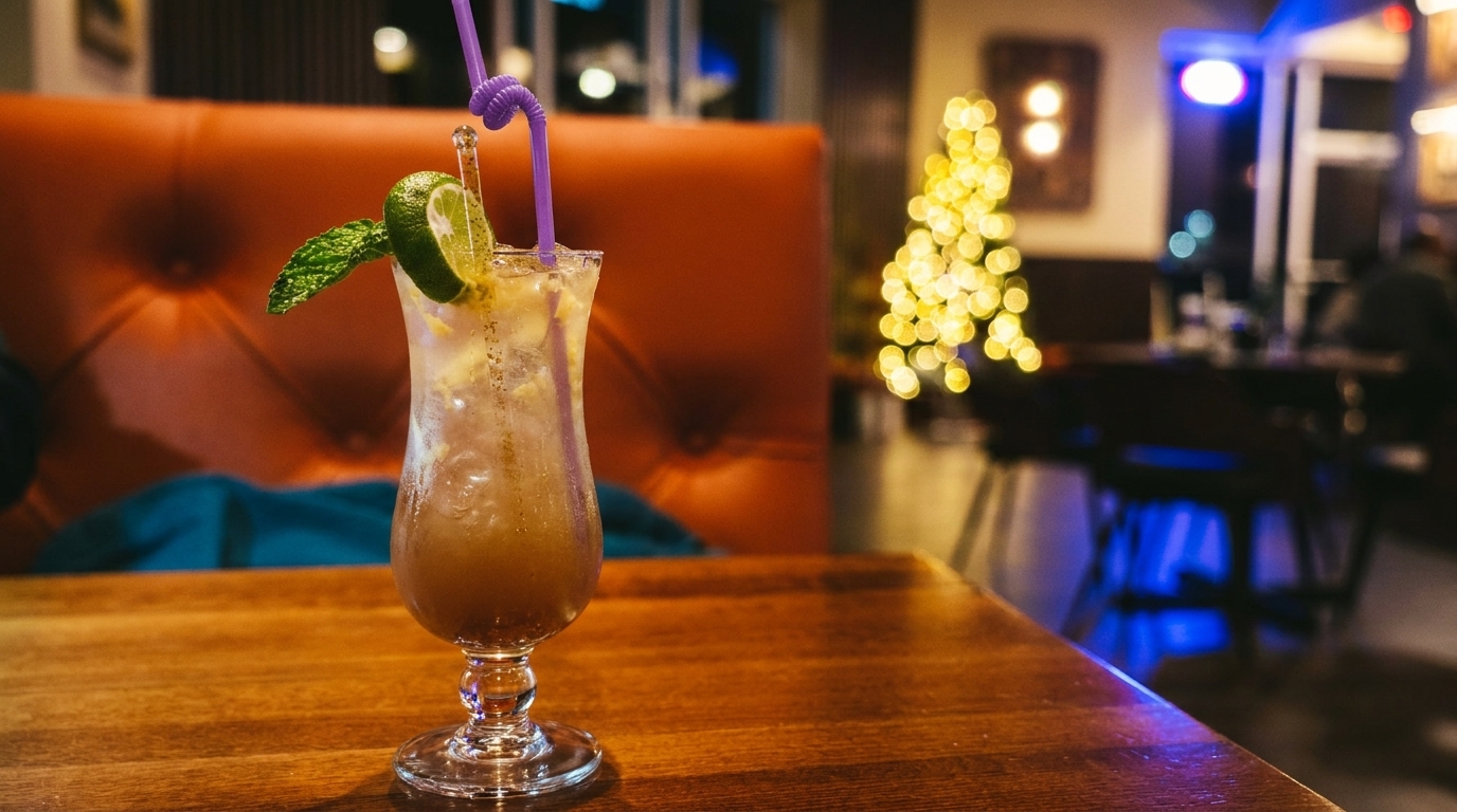 A cocktail with lime and mint on a wooden table in a dimly lit restaurant with festive lights.