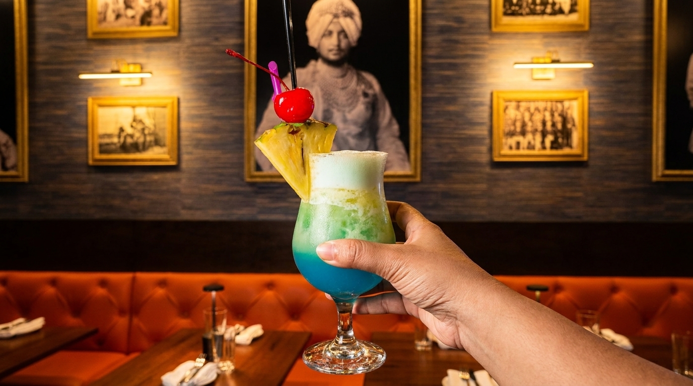 Hand holding a vibrant blue and green cocktail with pineapple and cherry garnish in a restaurant.