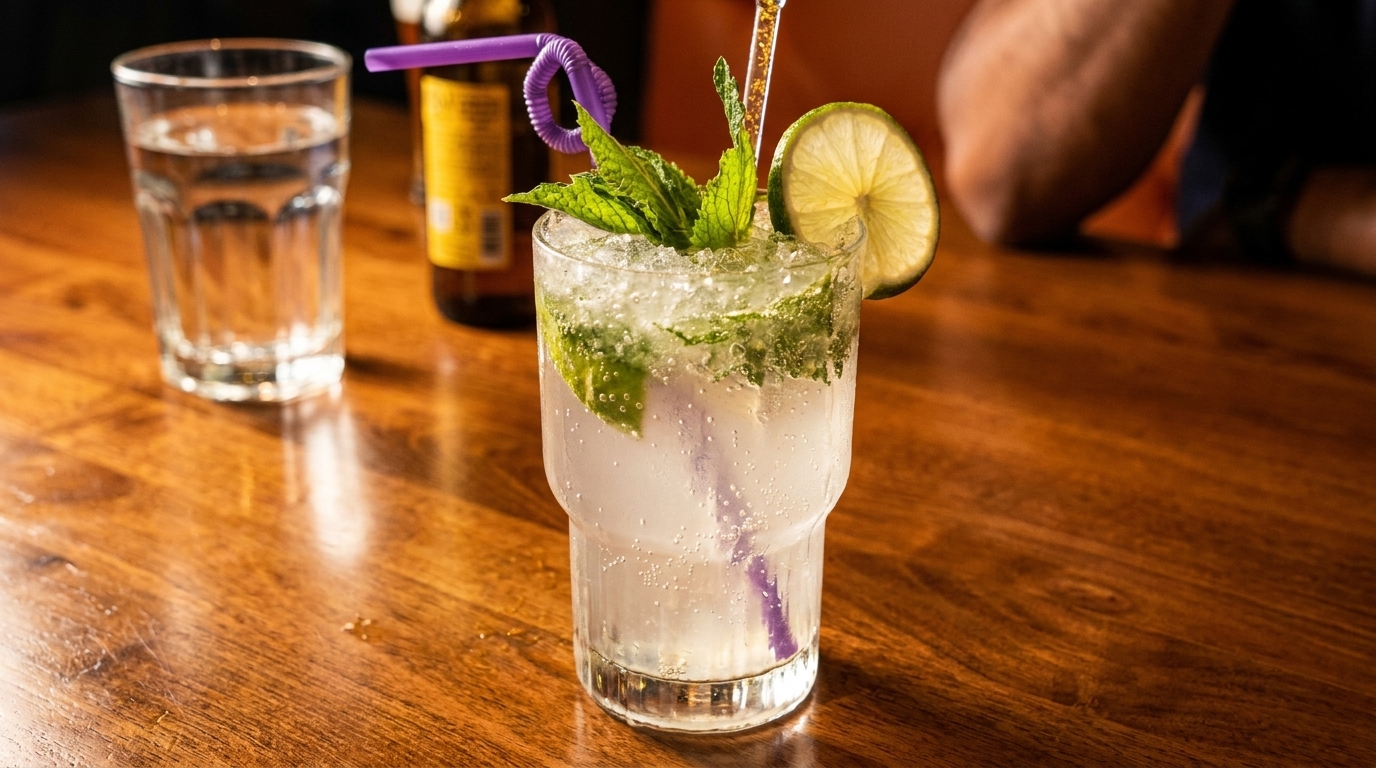 A refreshing mojito with mint and lime, next to a glass of water on a wooden table.