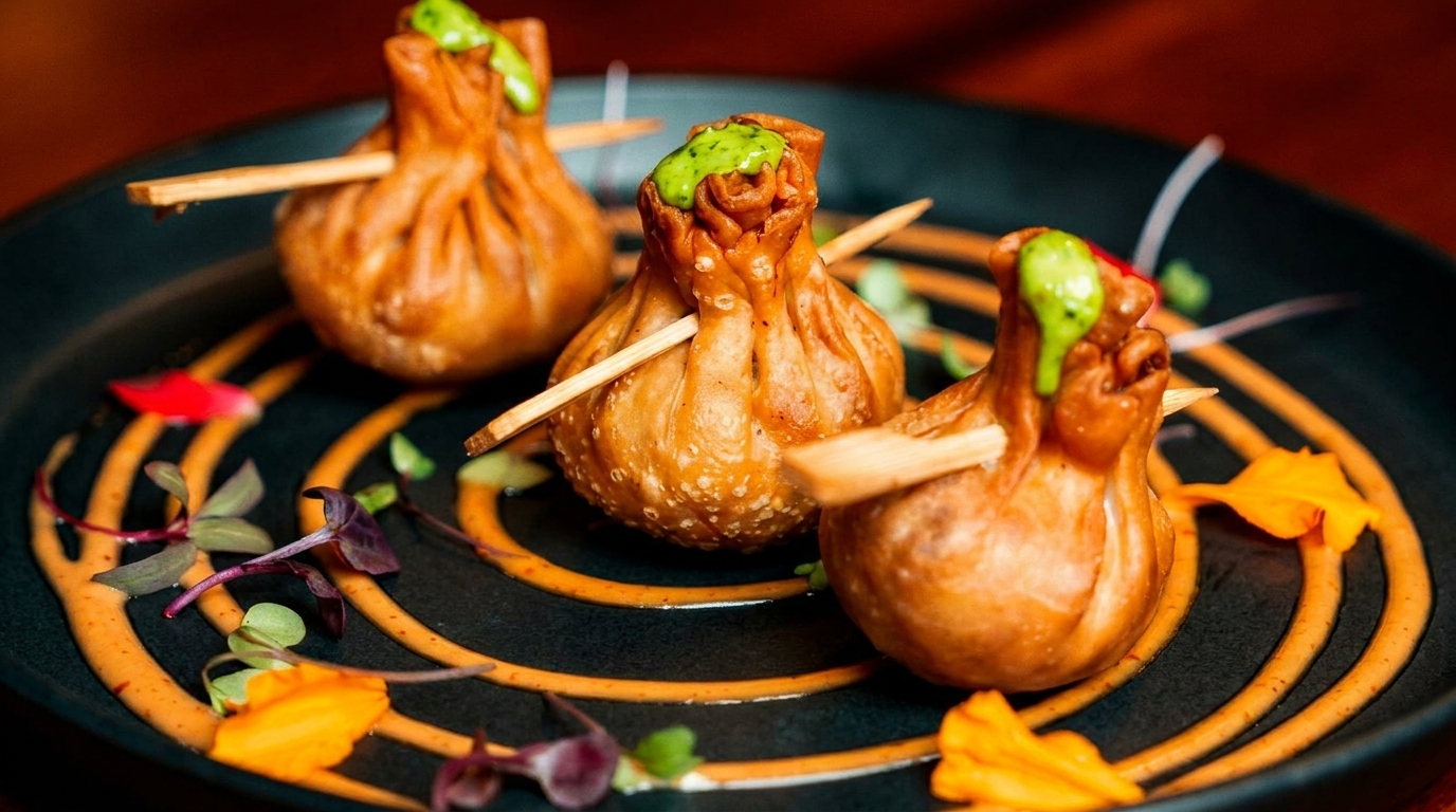 Three golden-fried money bag dumplings with green sauce and skewers on a black plate with orange swirls.