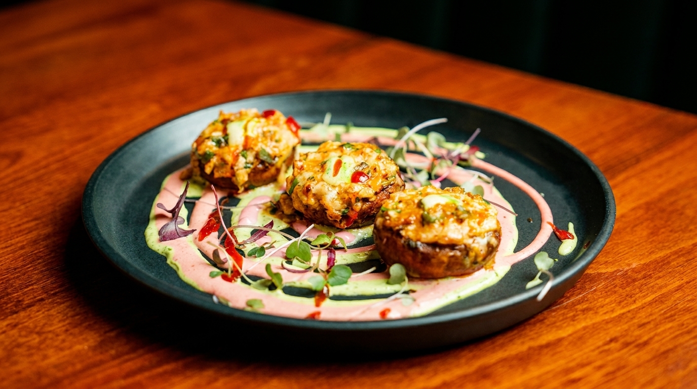 Three stuffed mushrooms with melted cheese, green and pink sauces, and microgreens on a black plate.