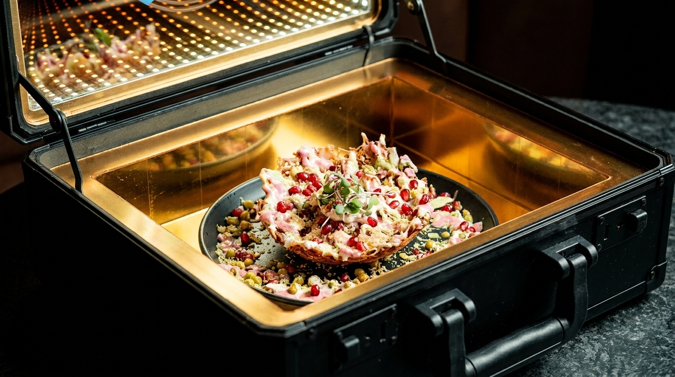 A colorful dish with pomegranate seeds and microgreens, served in a black case with a golden interior.