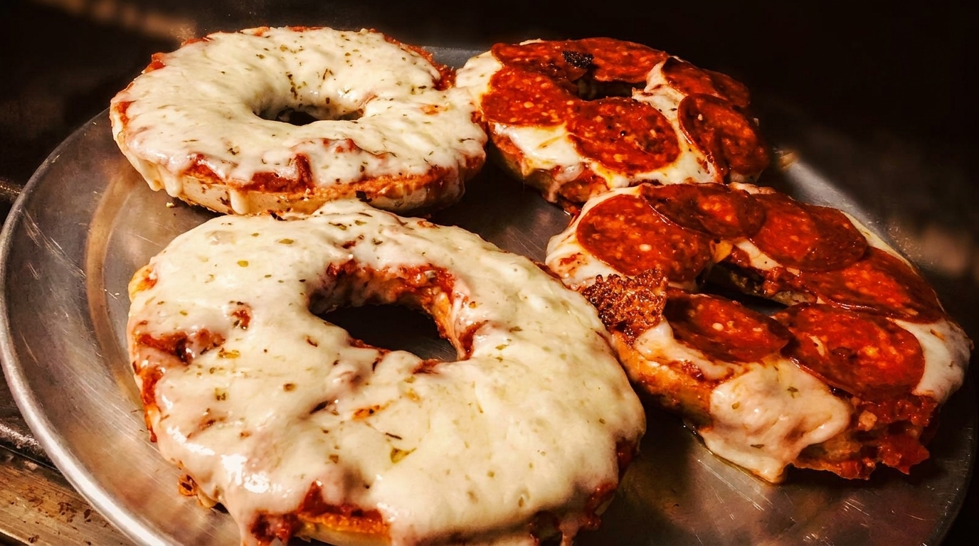 Four pizza bagels, two plain cheese and two pepperoni, on a metal tray.