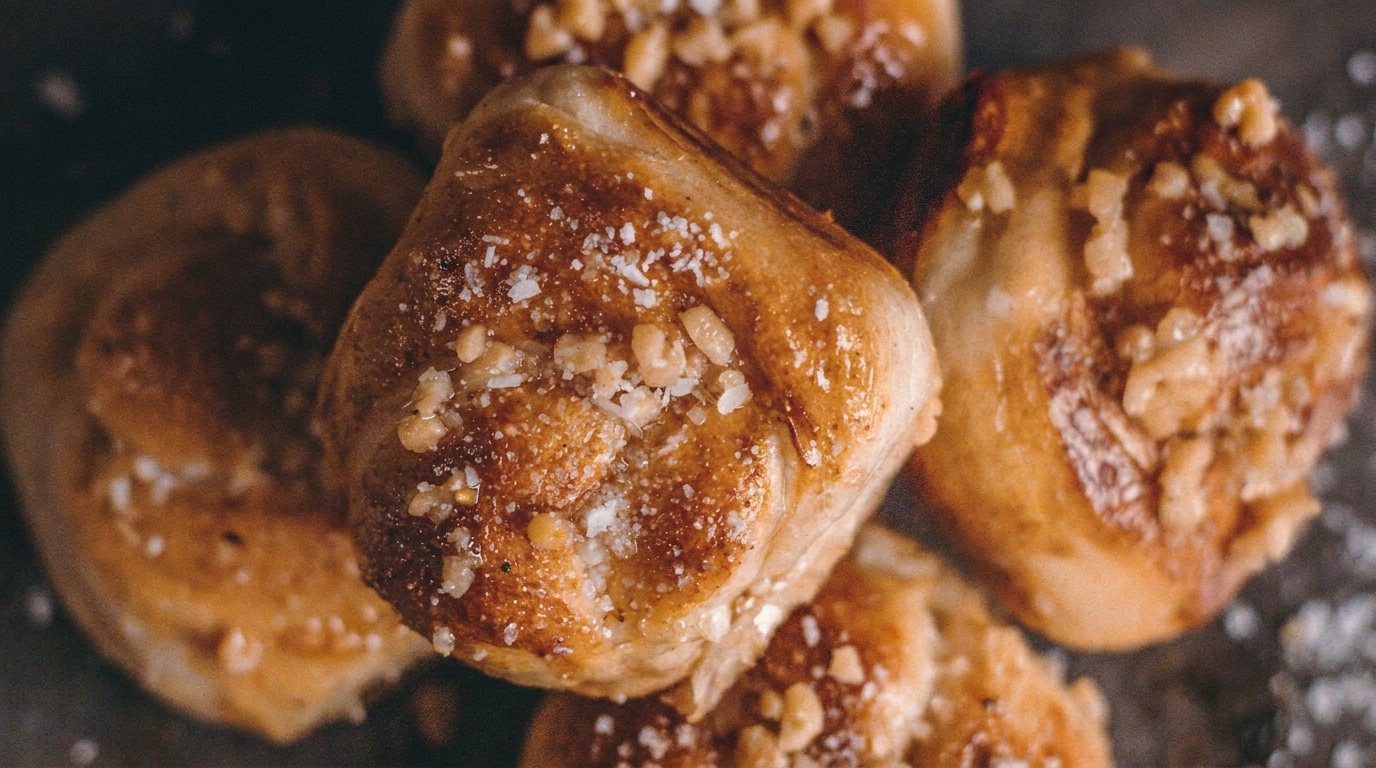 Close-up of golden-brown baked pastries, sprinkled with white sugar and chopped nuts.