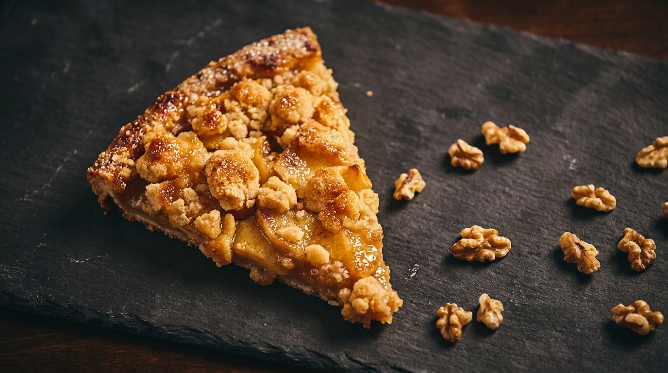 A slice of apple crumble pie with walnuts on a dark slate board.