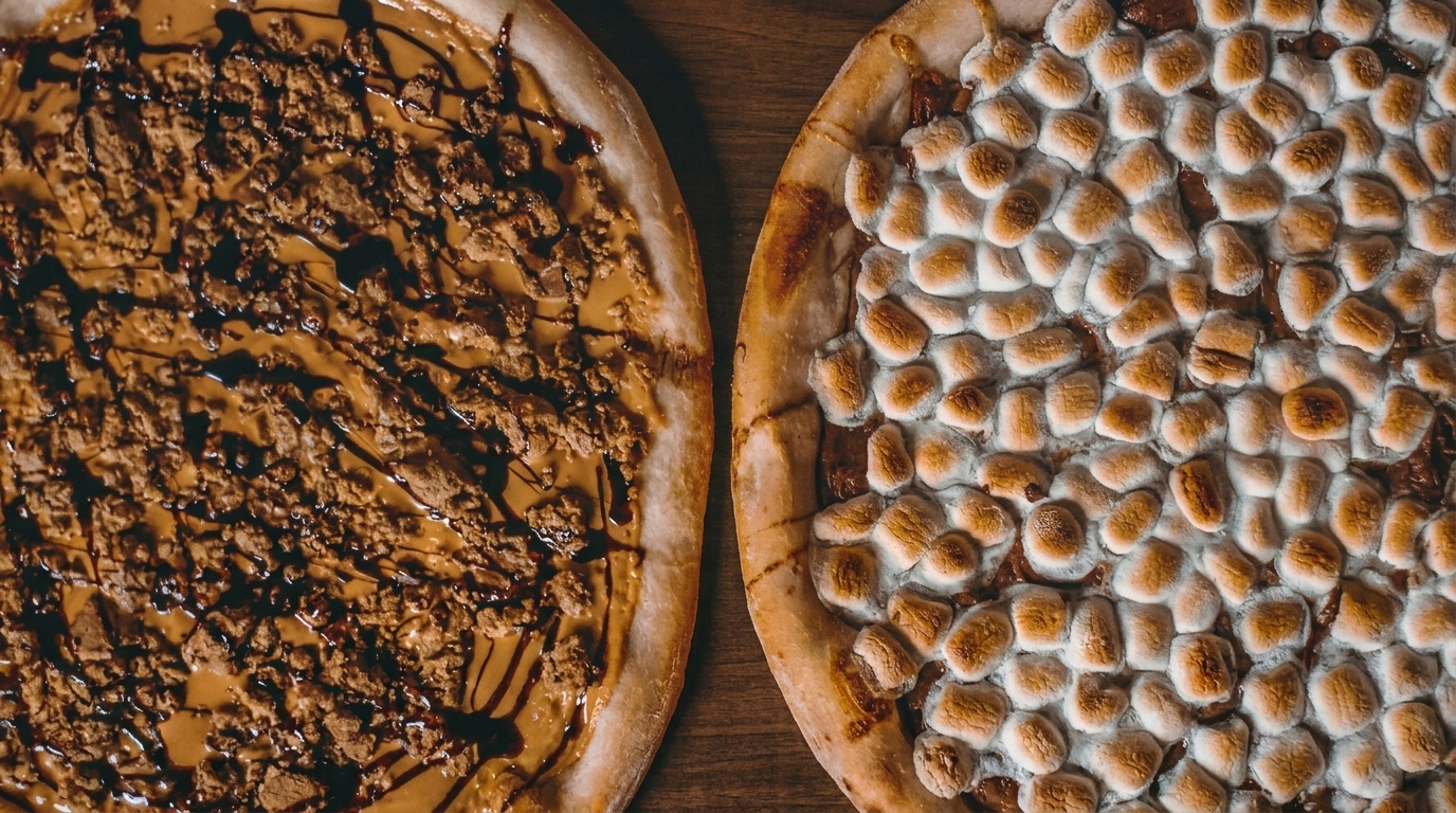 Two dessert pizzas, one with peanut butter and chocolate, the other with toasted marshmallows.
