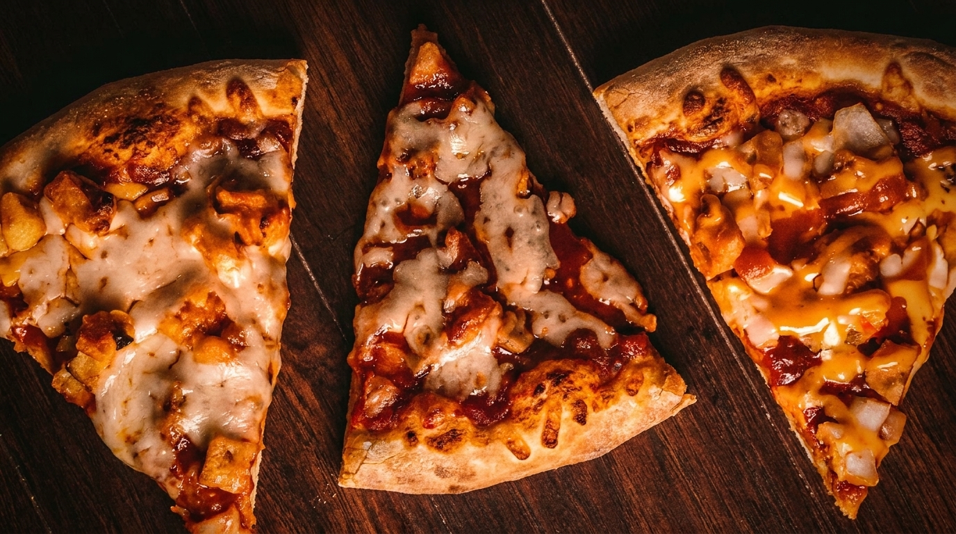 Three slices of pizza with melted cheese and various toppings on a dark wooden surface.