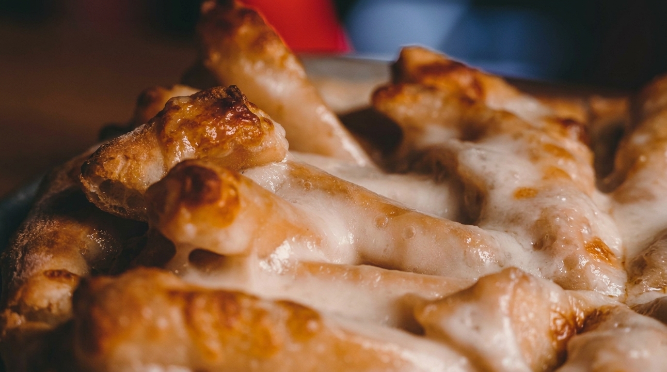 Close-up of golden-brown breadsticks covered in melted white cheese, glistening under warm light.