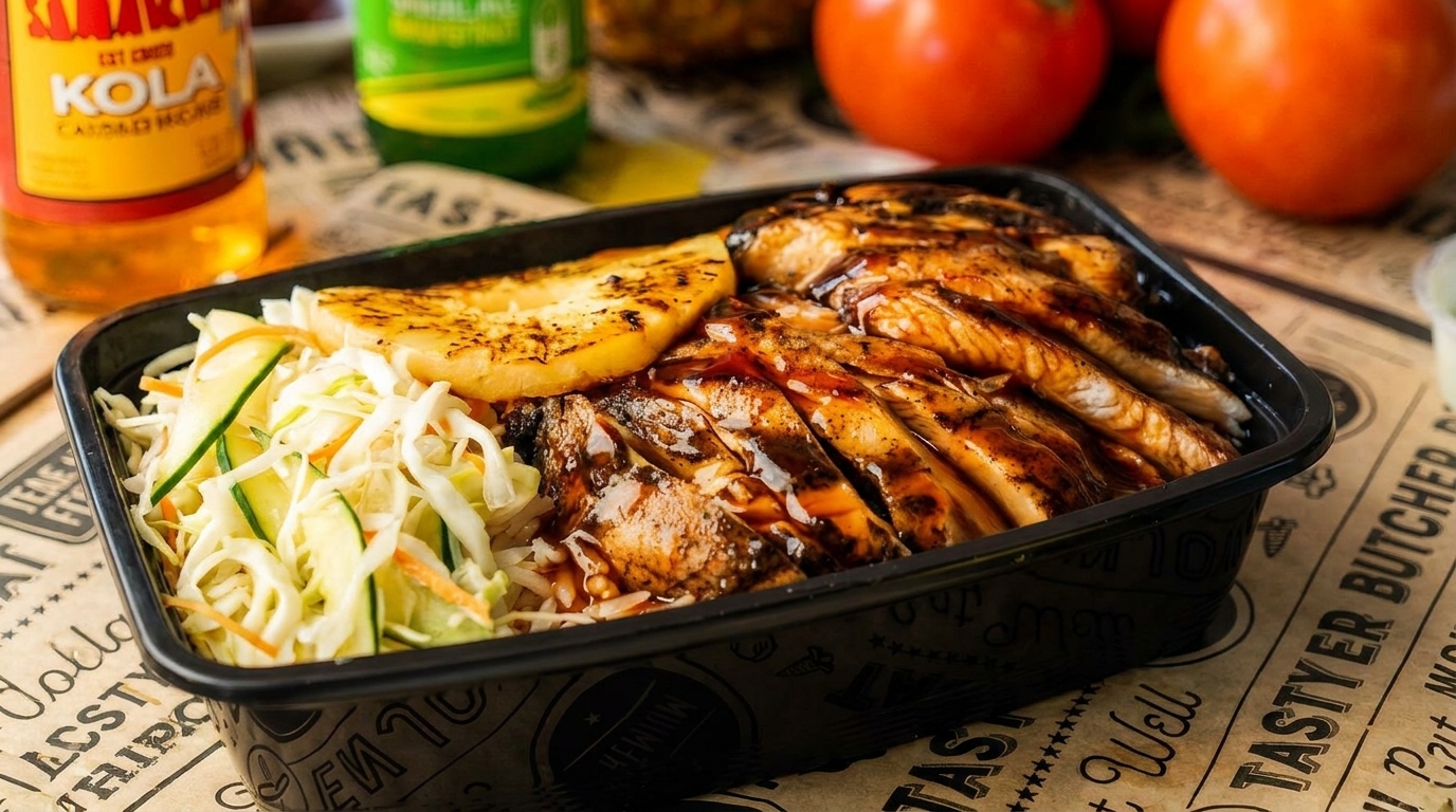 Grilled chicken with sauce, pineapple, and coleslaw in a black to-go container with a soda.