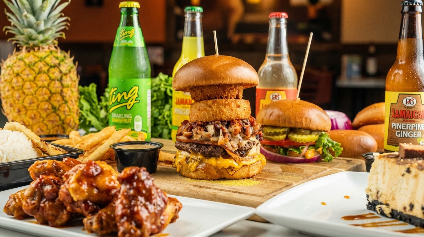 A table laden with a large burger, chicken wings, fries, rice, pineapple, and bottled drinks.