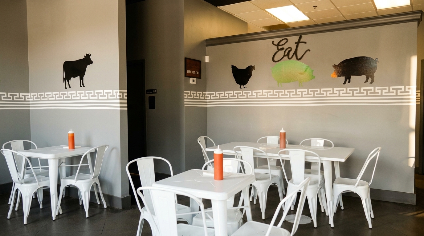 Restaurant interior with white tables and chairs, gray walls with animal silhouettes, and hot sauce bottles.