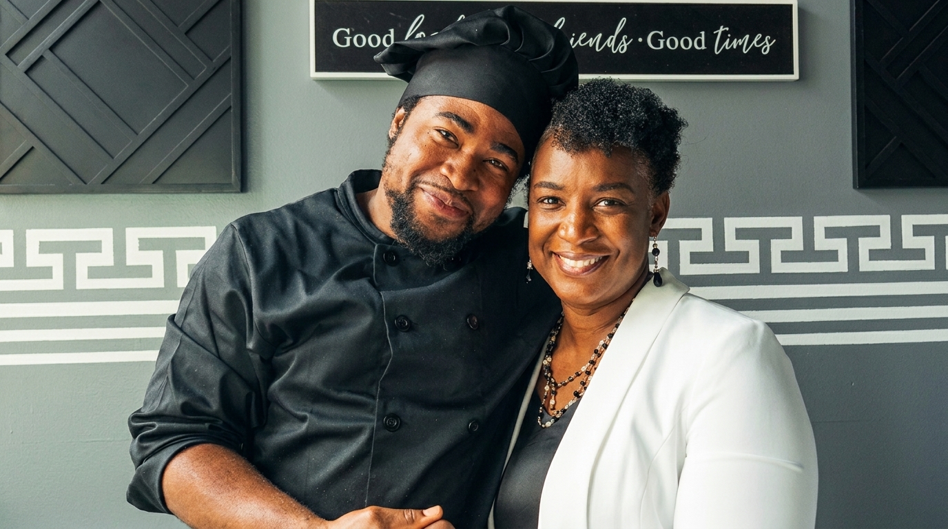 A smiling chef in a black uniform and a woman in a white blazer pose together.