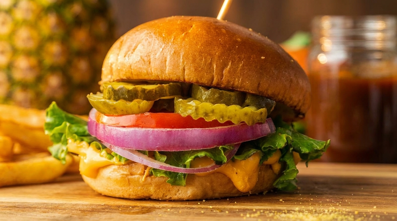 A juicy burger with lettuce, red onion, tomato, pickles, and cheese on a wooden board.